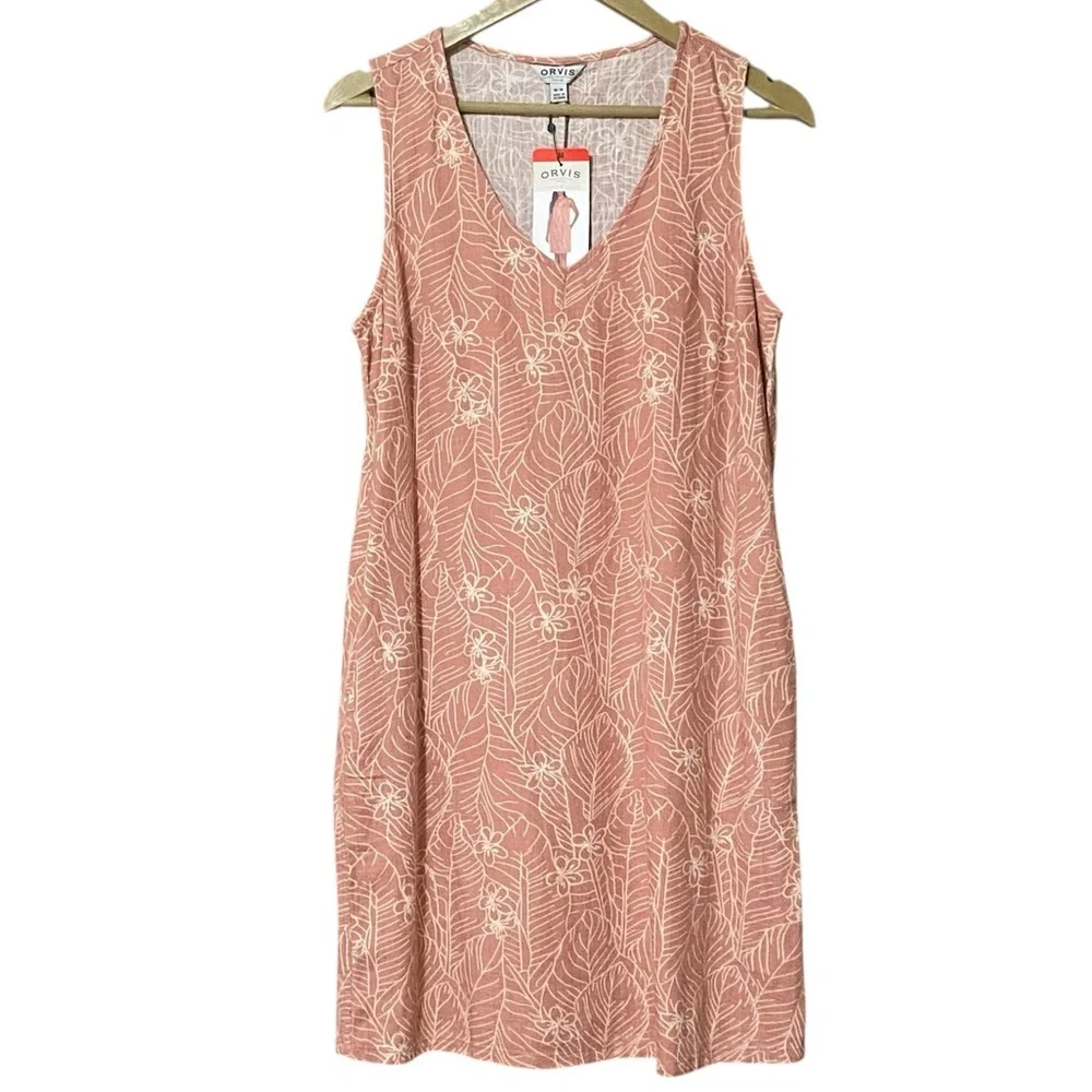 Orvis Womens Sleeveless Tank Dress Medium Muted Red Tropical Coastal Casual NWT - Picture 1 of 8
